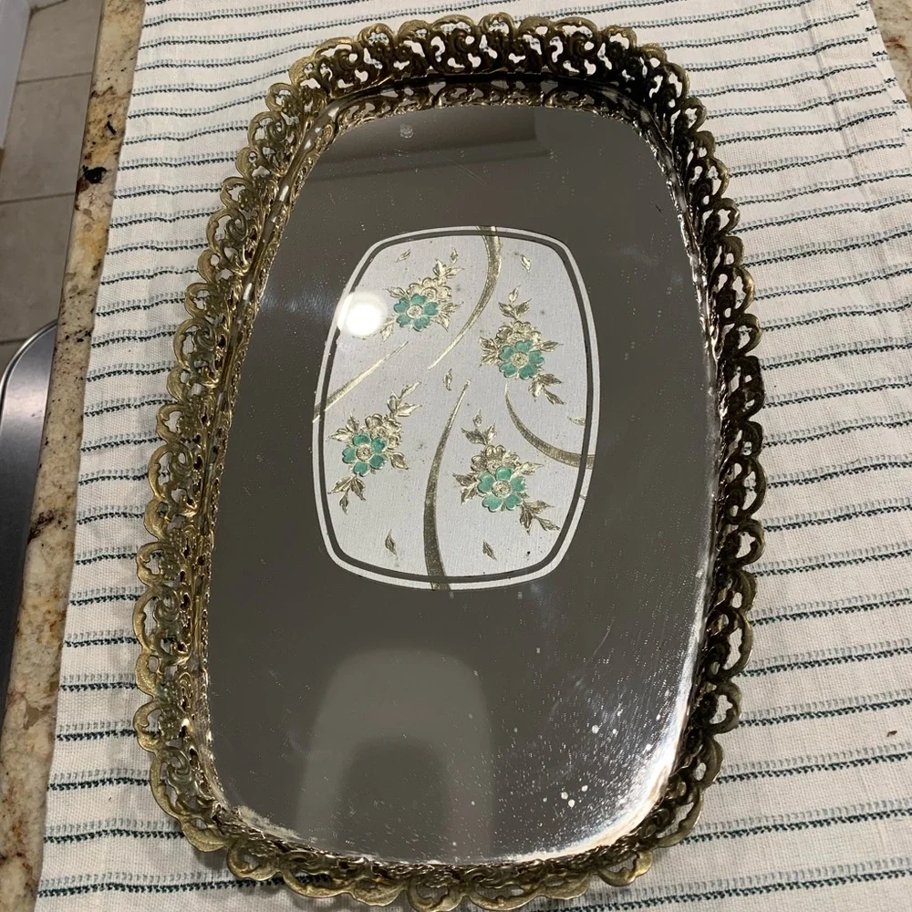 Vintage Vanity Tray Mirror with Center Floral Motif